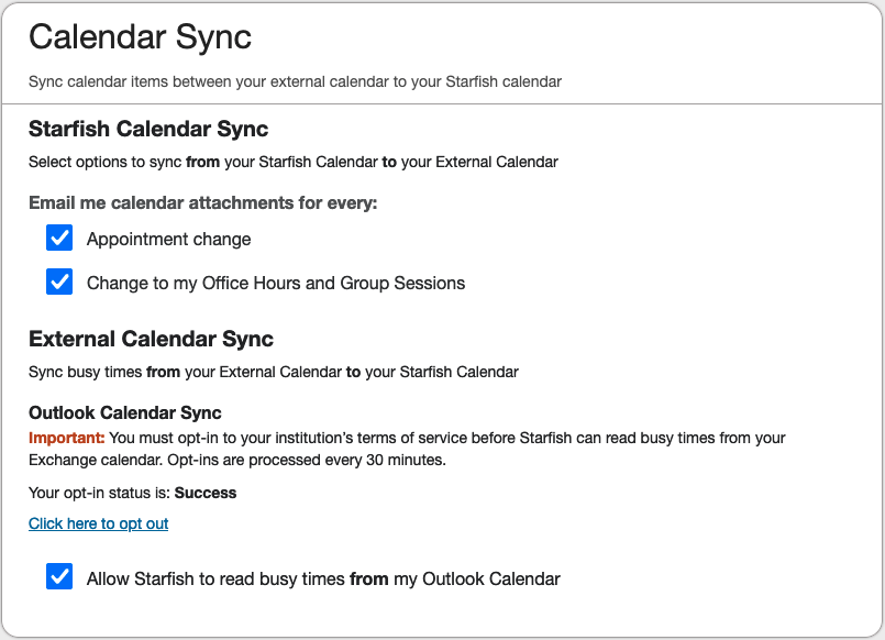 Calendar Sync settings pane from Starfish with all three checkboxes enabled (Appointment change, Change to my Office Hours and Group Sessions, Allow Starfish to read busy times from my Outlook Calendar)