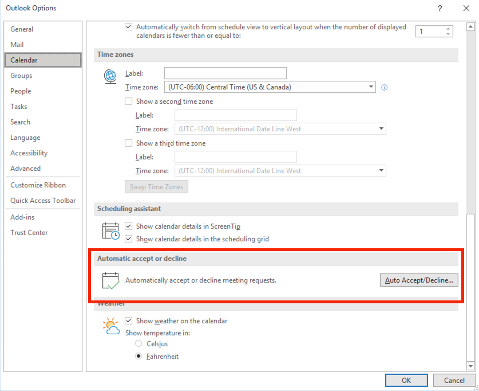 Calendar > Automatic accept or decline: Automatically accept or decline meeting requests
