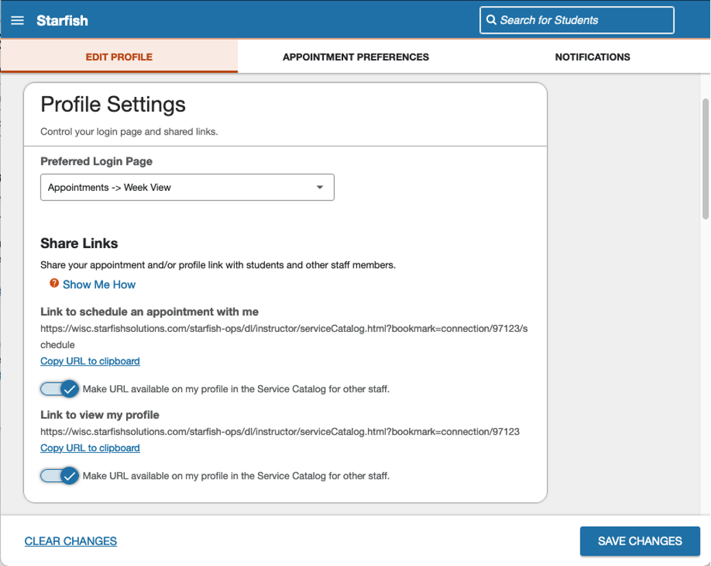 Edit Profile settings showing: - Preferred Login Page - Link to schedule an appointment with me - Link to view my profile