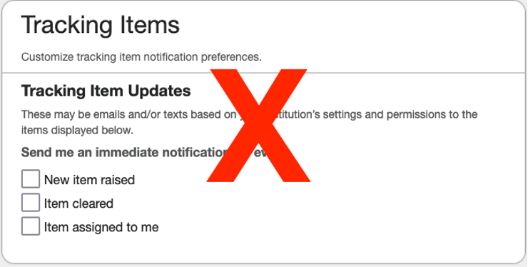 Tracking Items - This section has a large red X superimposed on top of it.