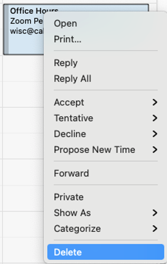 Right click menu on an Outlook calendar item with Delete selected