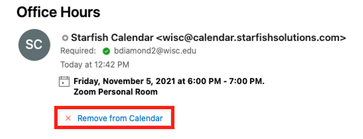 Starfish office hours calendar message with Remove from Calendar button highlighted
