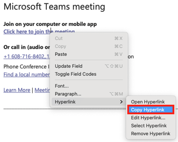 Right click menu from an emailed Teams link with Copy Hyperlink selected