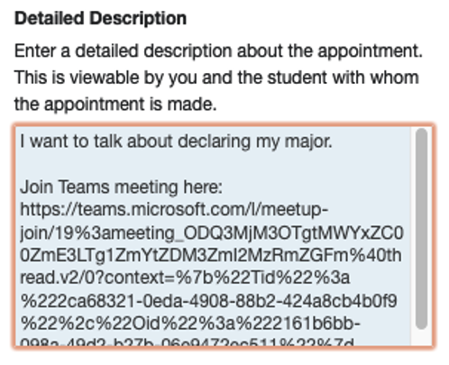 Starfish additional info window with a Teams invite meeting link.