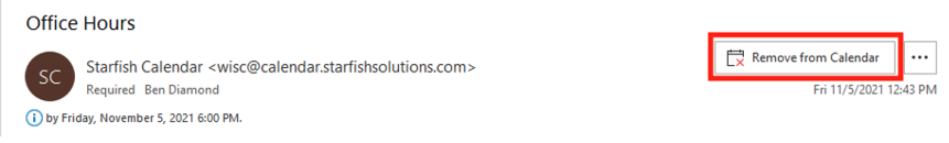 Starfish office hours calendar message with Remove from Calendar button highlighted
