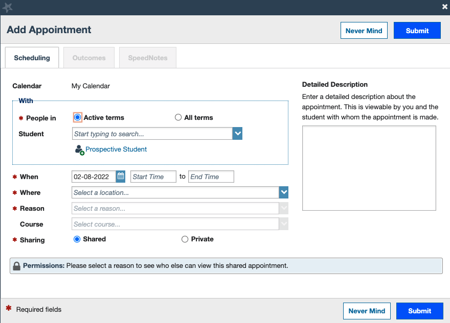 Appointment creation window in Starfish (student selection, when, where, reason, course, and whether to make the appointment private)