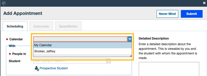 Add Appointment dialog showing a calendar selection dropdown menu next to the Calendar field
