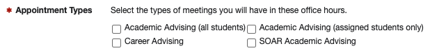 Four checkboxes, each representing an appointment type to offer in office hours. Headed with "Appointment Types: Select the types of meetings you will have in these office hours."