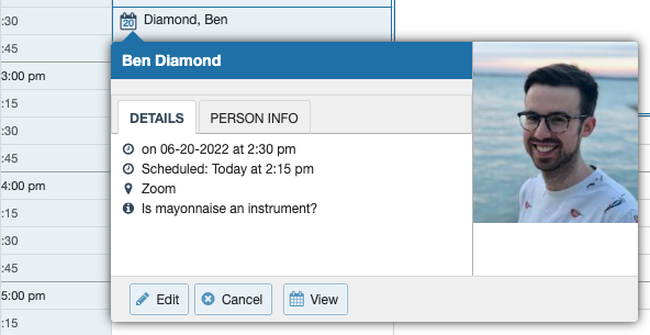 Popup window on a calendar showing appointment details with a student and their photo. Three buttons called Edit, Cancel, and View are shown at the bottom.