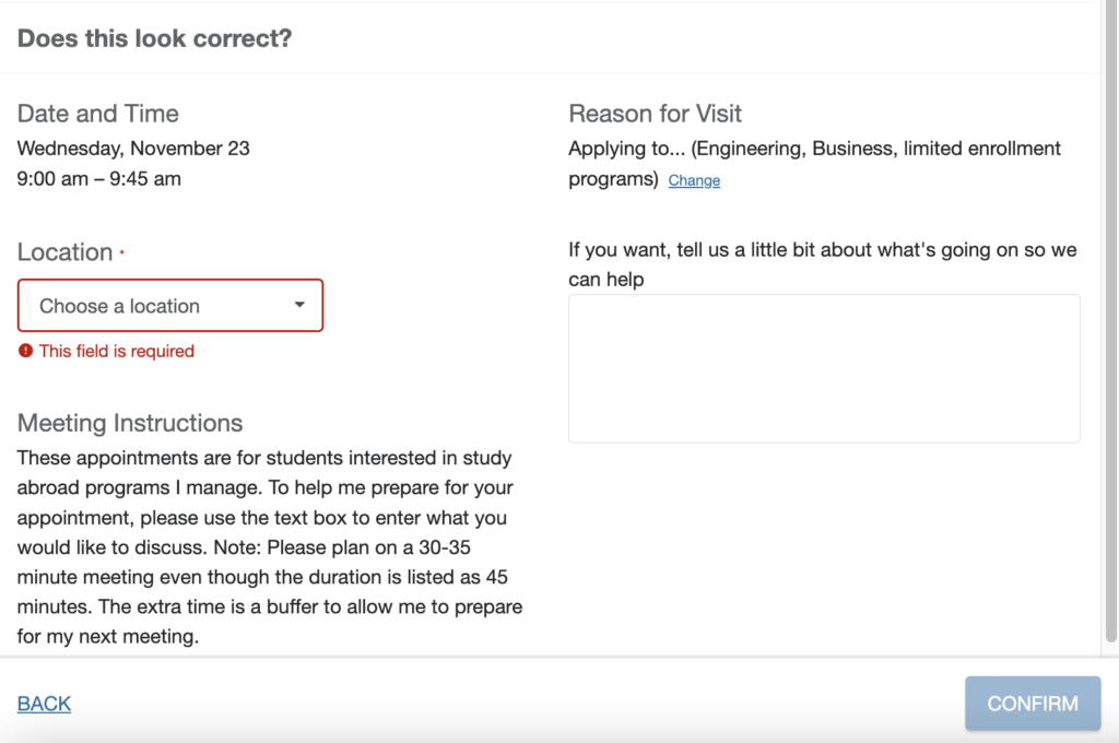 Meeting instructions from the student POV saying "These appointments are for students interested in study abroad programs I manage. To help me prepare for your appointment, please use the text box to enter what you would like to discuss. Note: Please plan on a 30-35 minute meeting even though the duration is listed as 45 minutes. The extra time is a buffer to allow me to prepare for my next meeting."