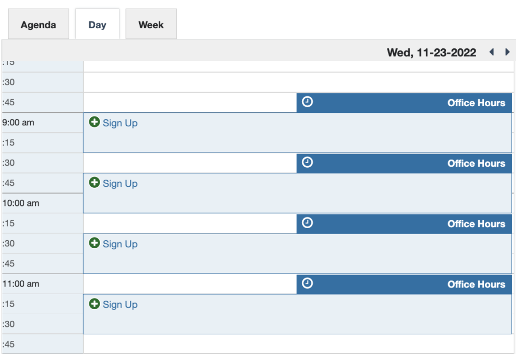 View of a calendar day showing four 30-minute office hour timeslots between 9AM and 12PM, each separated by 15 minutes.