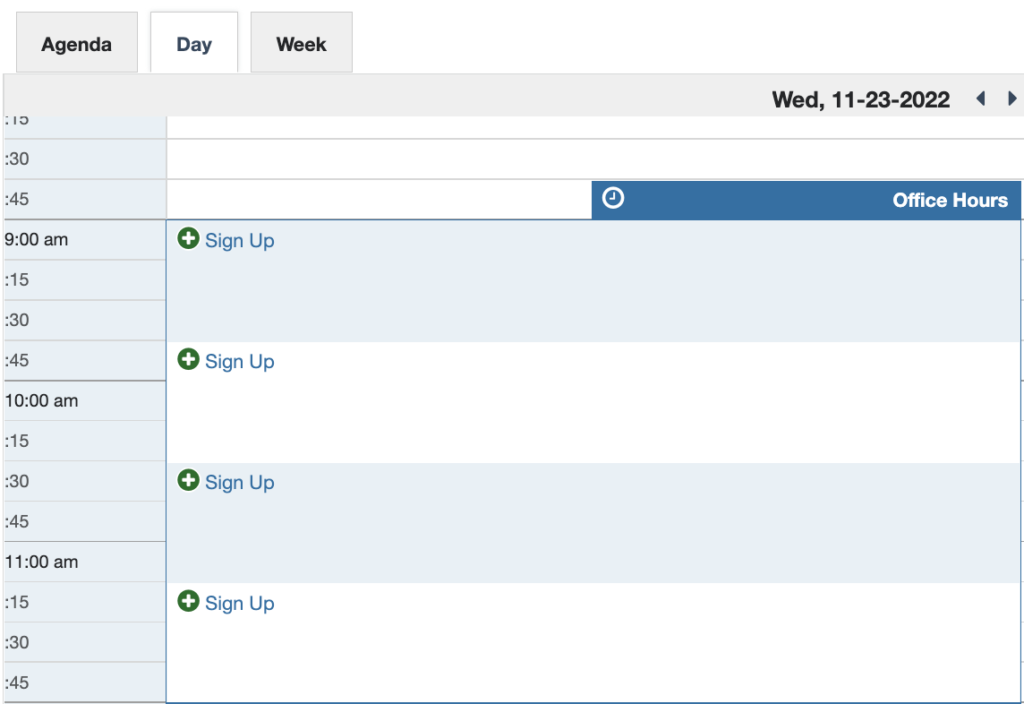 View of a calendar day showing 45-minute office hour time slots betwen 9AM and 12PM