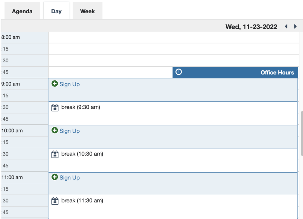 View of a Starfish calendar day with 30 minute meeting time slots alternating with 30 minute breaks from external Outlook events.